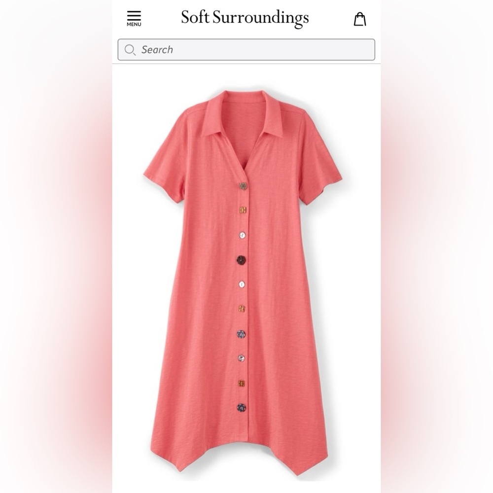 Soft Surroundings Coral Button-Up Handkerchief Hem Danielle Button Dress